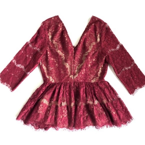 MAEVE Anthropologie Lace Needle Wine Red Peplum Boudreaux V-Neck Top Size XS - Picture 3 of 5